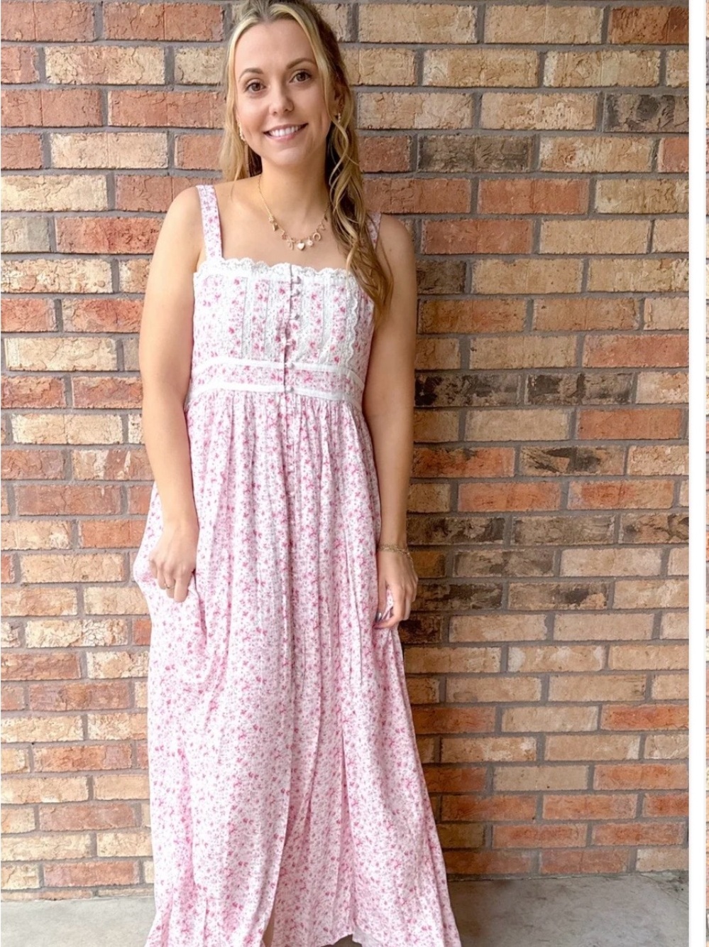 In Bloom Light Pink Floral Maxi Dress with Lace Trim